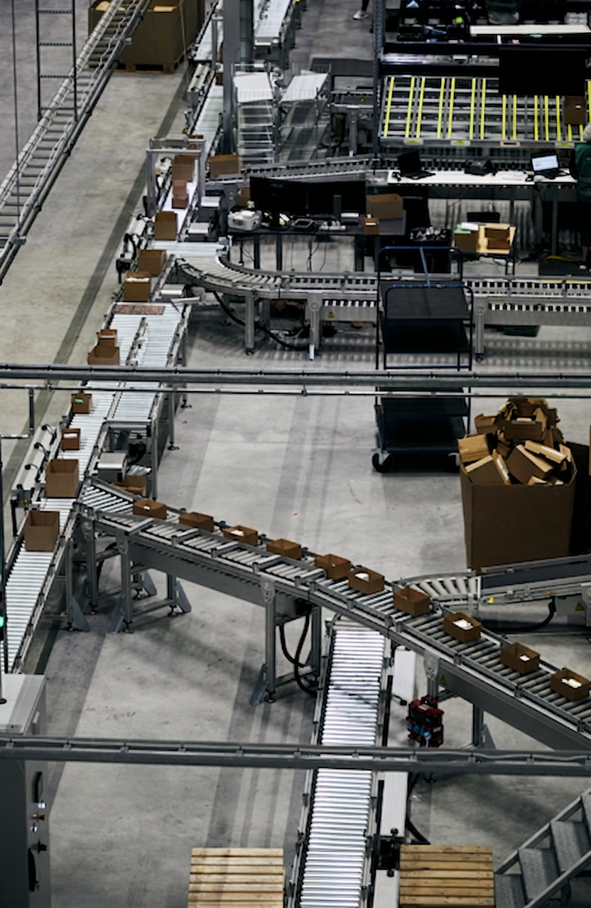 Overhead view of automated conveyor network routing boxes through the fulfilment center